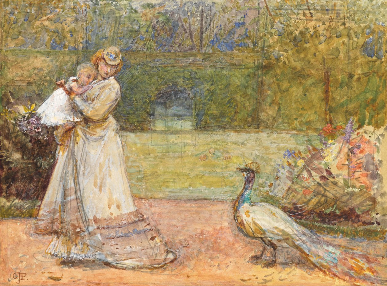 Lady and a Peacock (blyant og wc forhøjet med hvidt på papir) af George John Pinwell