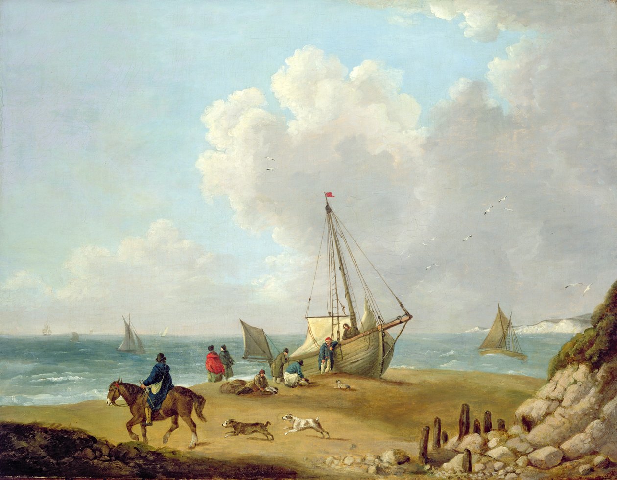 Fiskere losser deres fangst i Freshwater Bay, Isle of Wight af George Morland