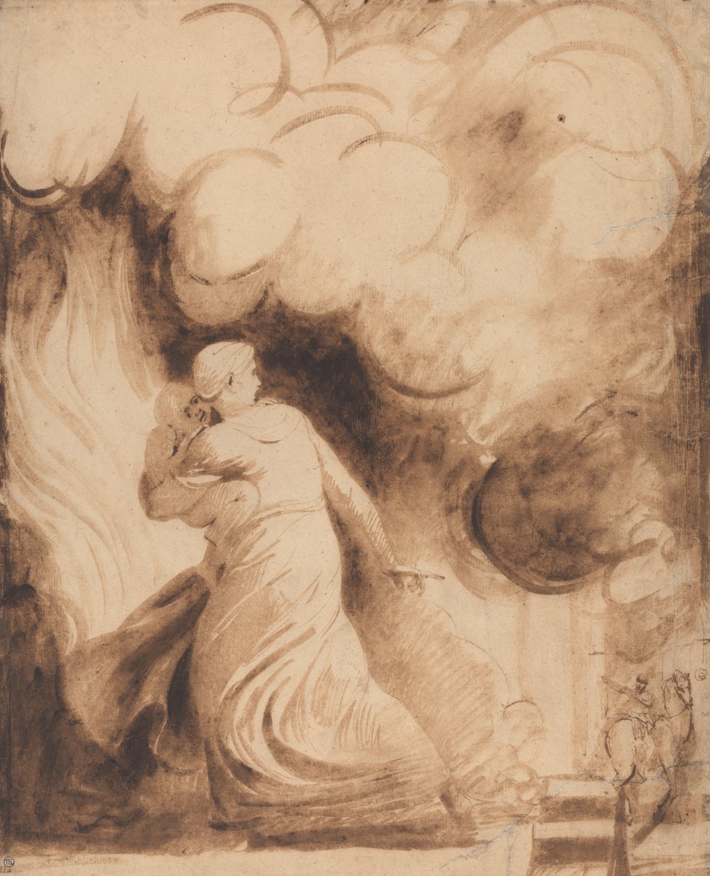 En mor med sit barn i sine arme, der flyver på voldene i en by i flammer (Lady Hamilton som ... af George Romney