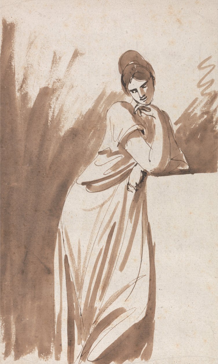 Lady, der læner sig op ad en kolonne- (muligvis en skitse til Miss Woodley) af George Romney