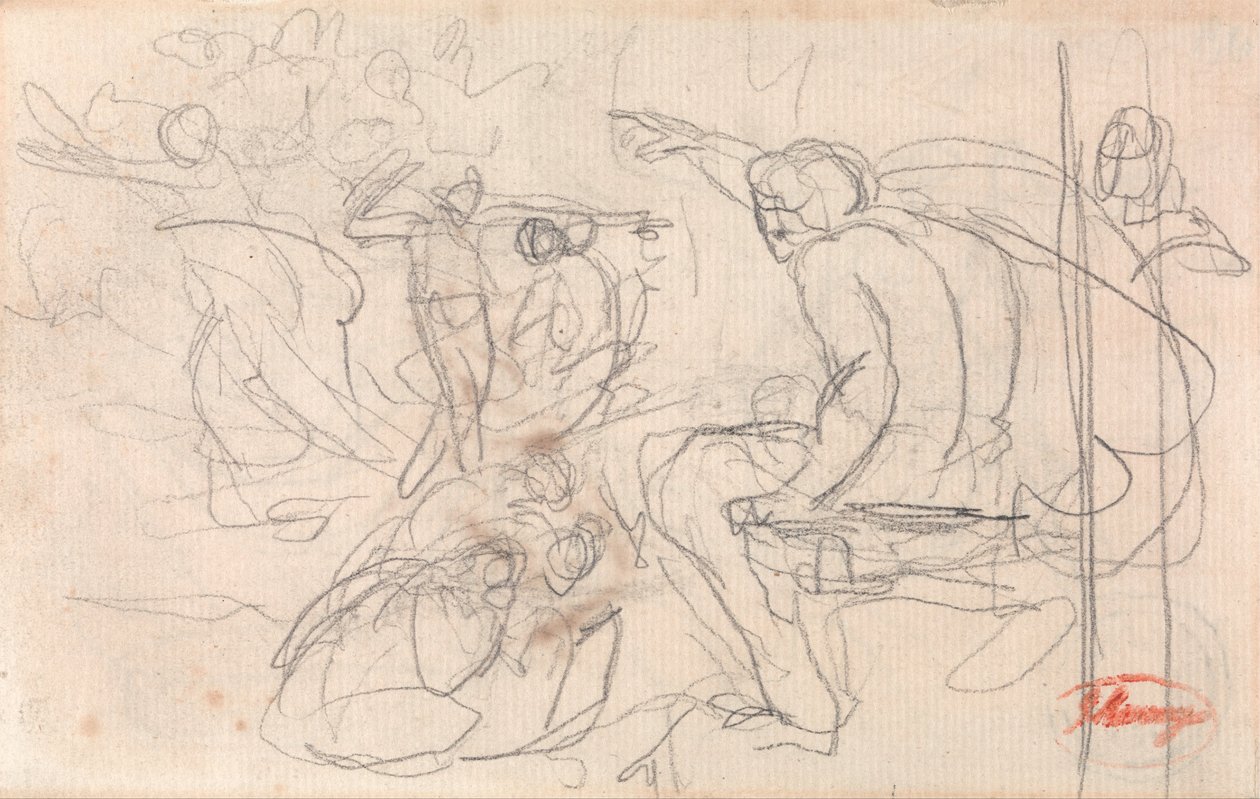 Muligvis siddende figur, der udtaler dom på en knælende figur af George Romney