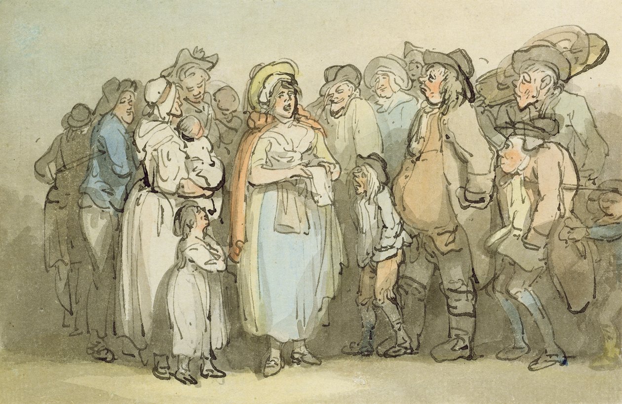 Studie af fanger i et fængsel eller en lazaret med en kutteklædt figur i deres tåger (brun blæk og vask over blyant på papir) af George Romney