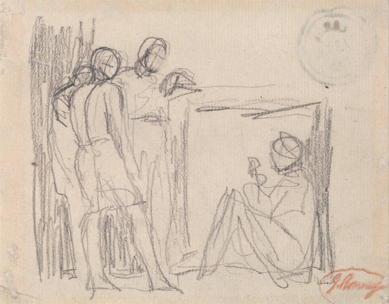Tre stående figurer før en siddende figur af George Romney