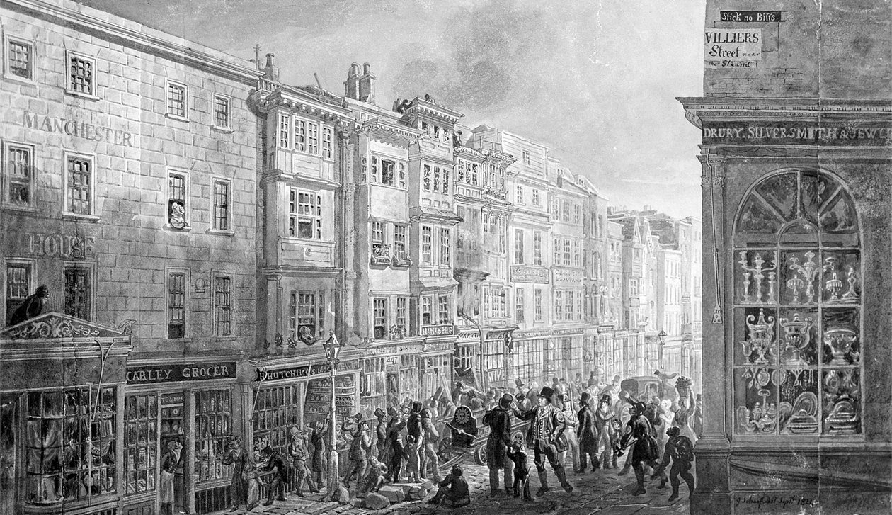 The Strand fra hjørnet af Villiers Street, 1824 (wc på papir) af George Snr Scharf