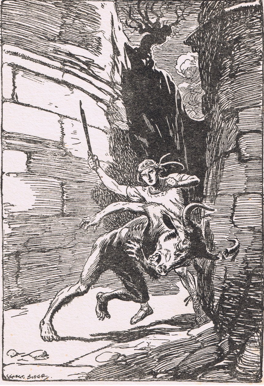 Minotaurus: Uhyret i sit første hovedlange stormløb mod Theseus, savnede ham i en hårsbredde og brækkede et af hans horn af George Soper
