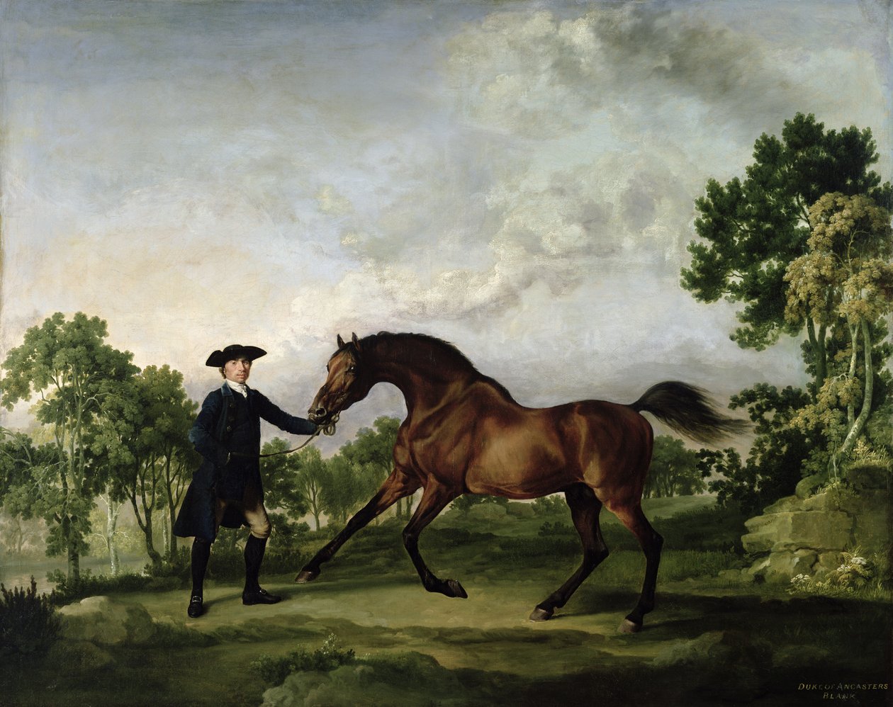 Hertugen af Ancasters bay hingst Blank, holdt af en brudgom, ca. 1762-5 af George Stubbs