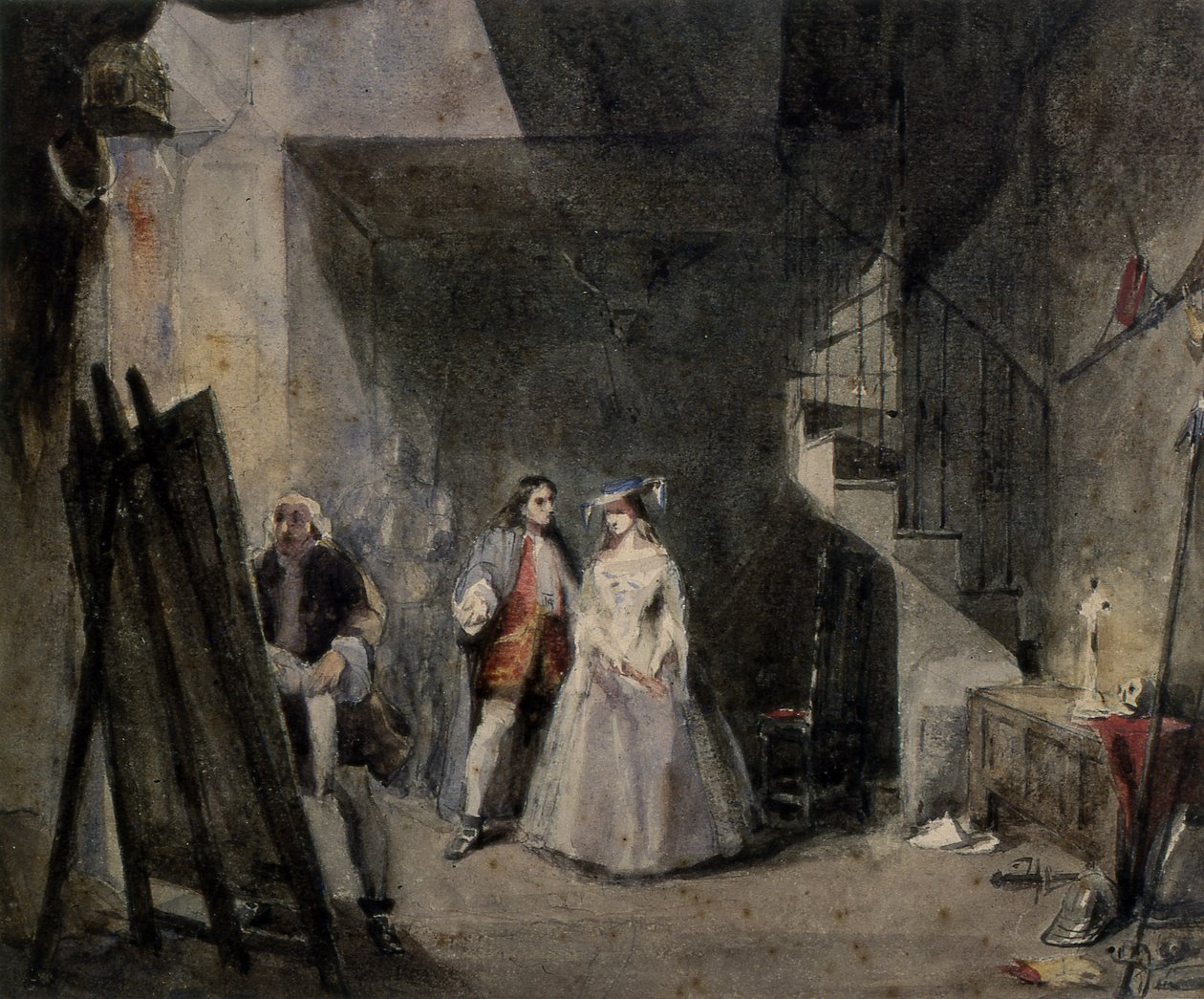 Interiør i et kunstneratelier med figurer i 1700-talsdragt af George attr. to Cattermole