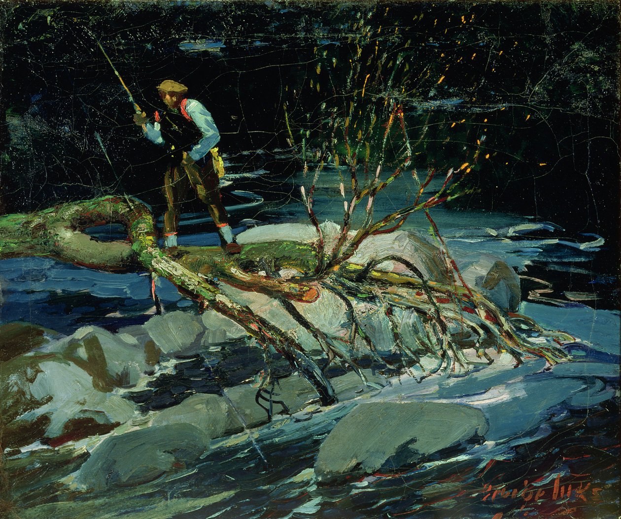 Ørredfiskeri (olie på lærred) af George Benjamin Luks