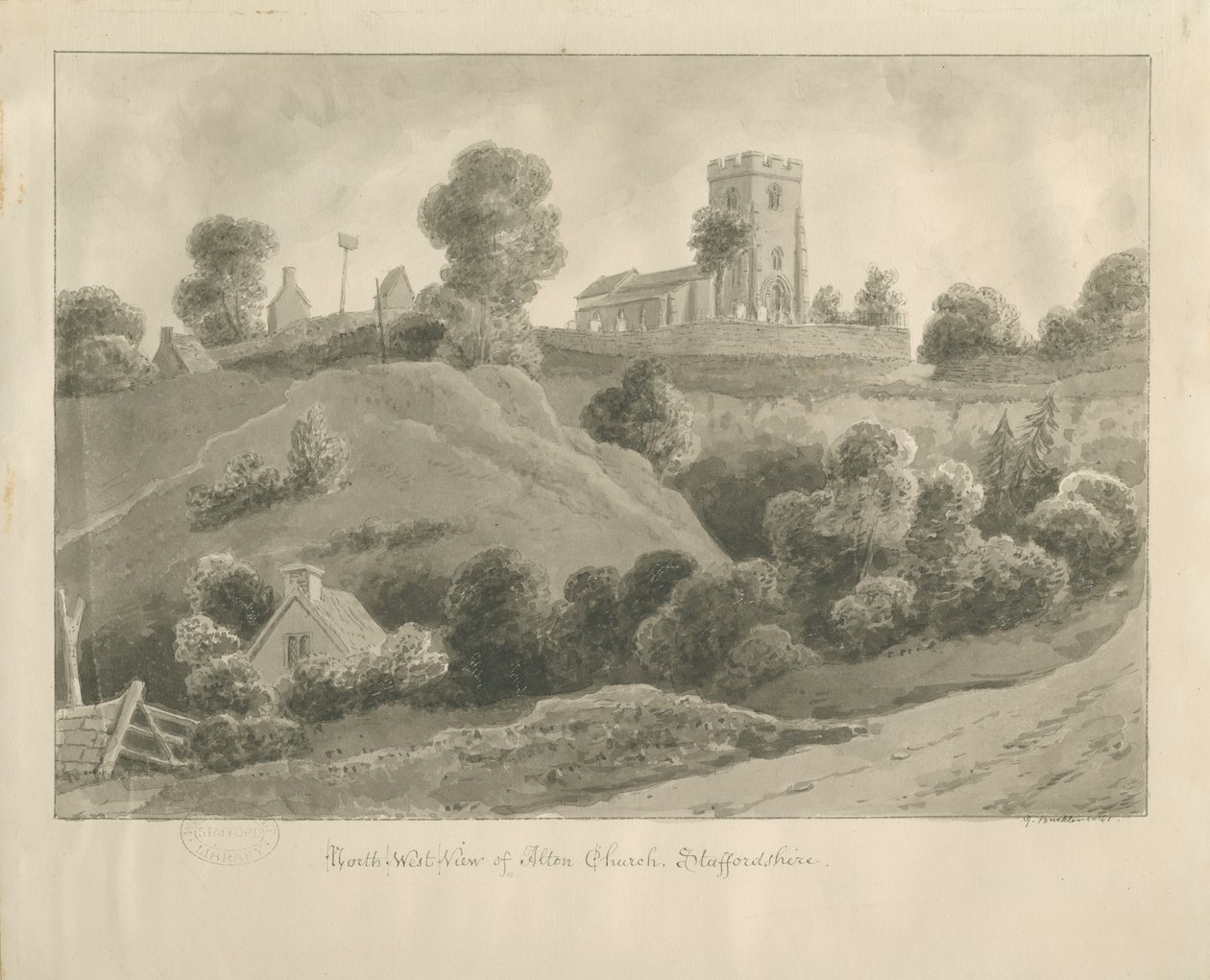 Alton Church: sepia drawing, 1841dani af George Buckler