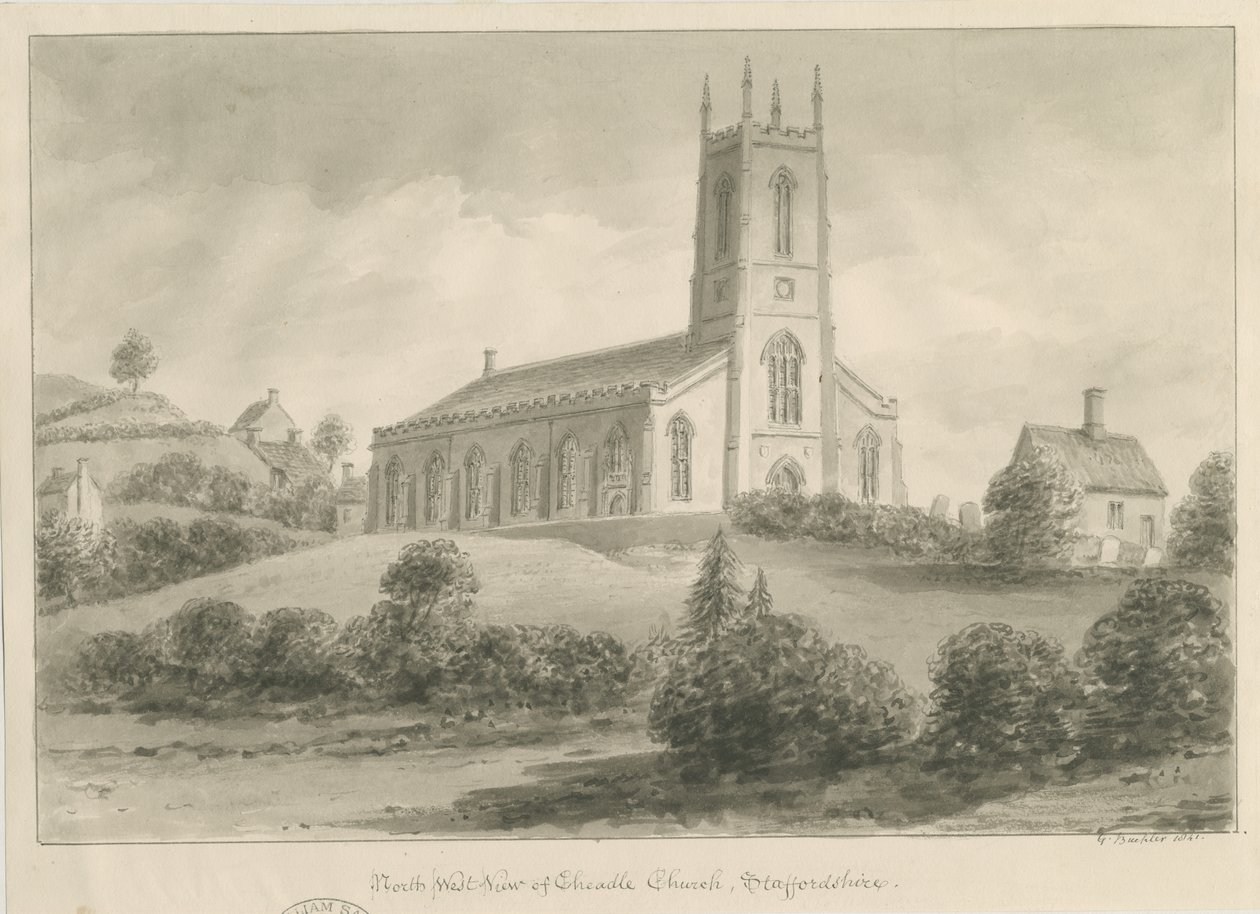 Cheadle Church: sepia tegning af George Buckler