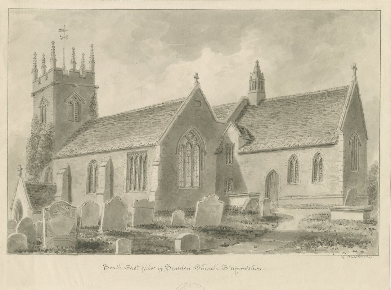 Sandon Church: sepia tegning, 1841 af George Buckler