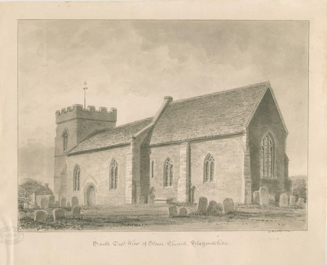 Stowe Church: sepia vask tegning af George Buckler