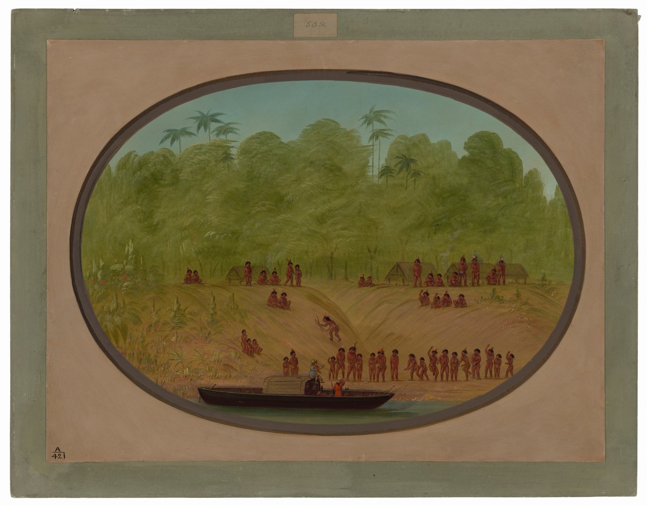 En Omagua Village - Bådskitse af George Catlin