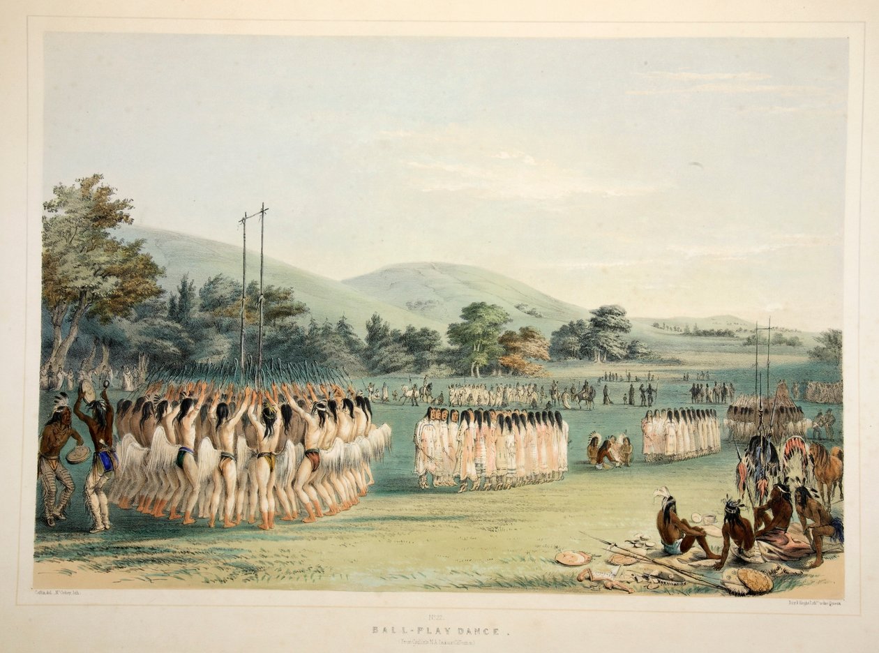 Ball-Player Dance, pub. 1845 farvelitografi. af George Catlin