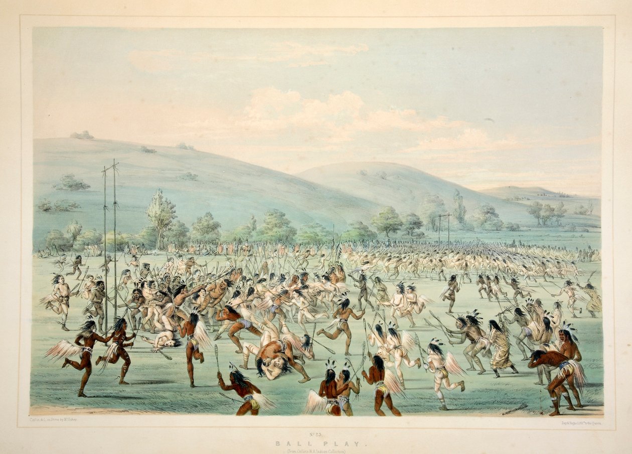Boldspil, pub. 1845 farvelitografi. af George Catlin