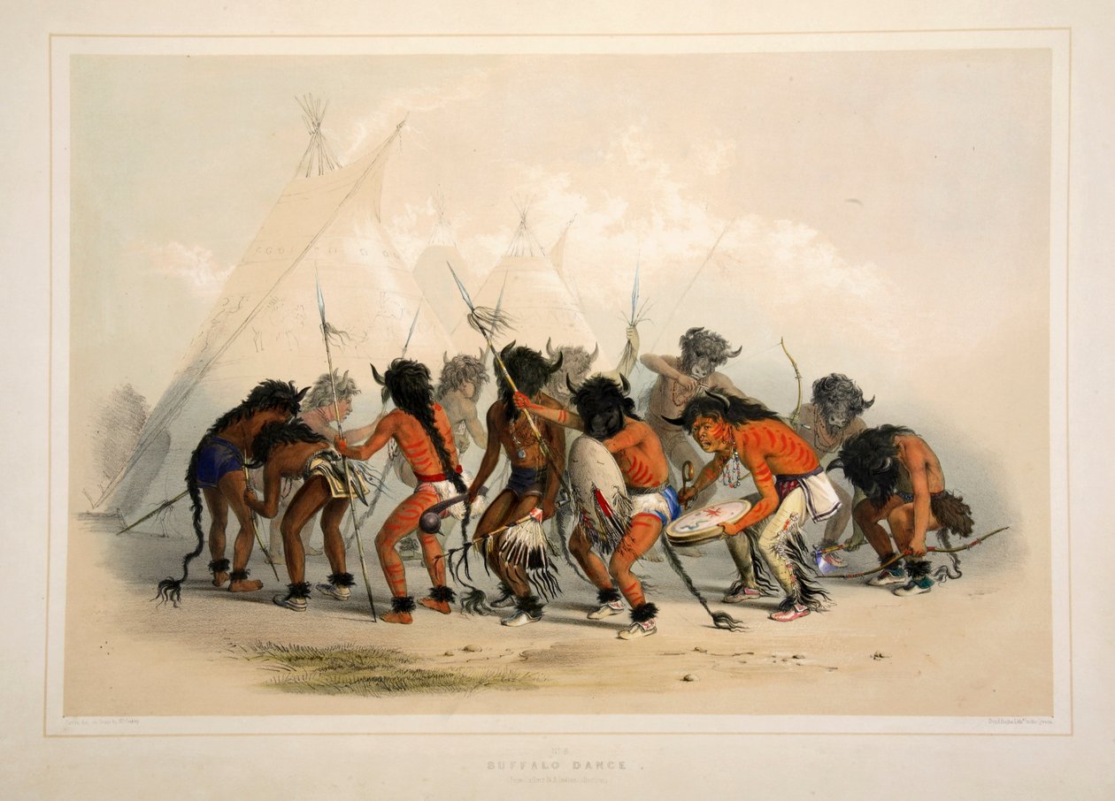 Buffalo Dance, pub. 1845 farvelitografi. af George Catlin