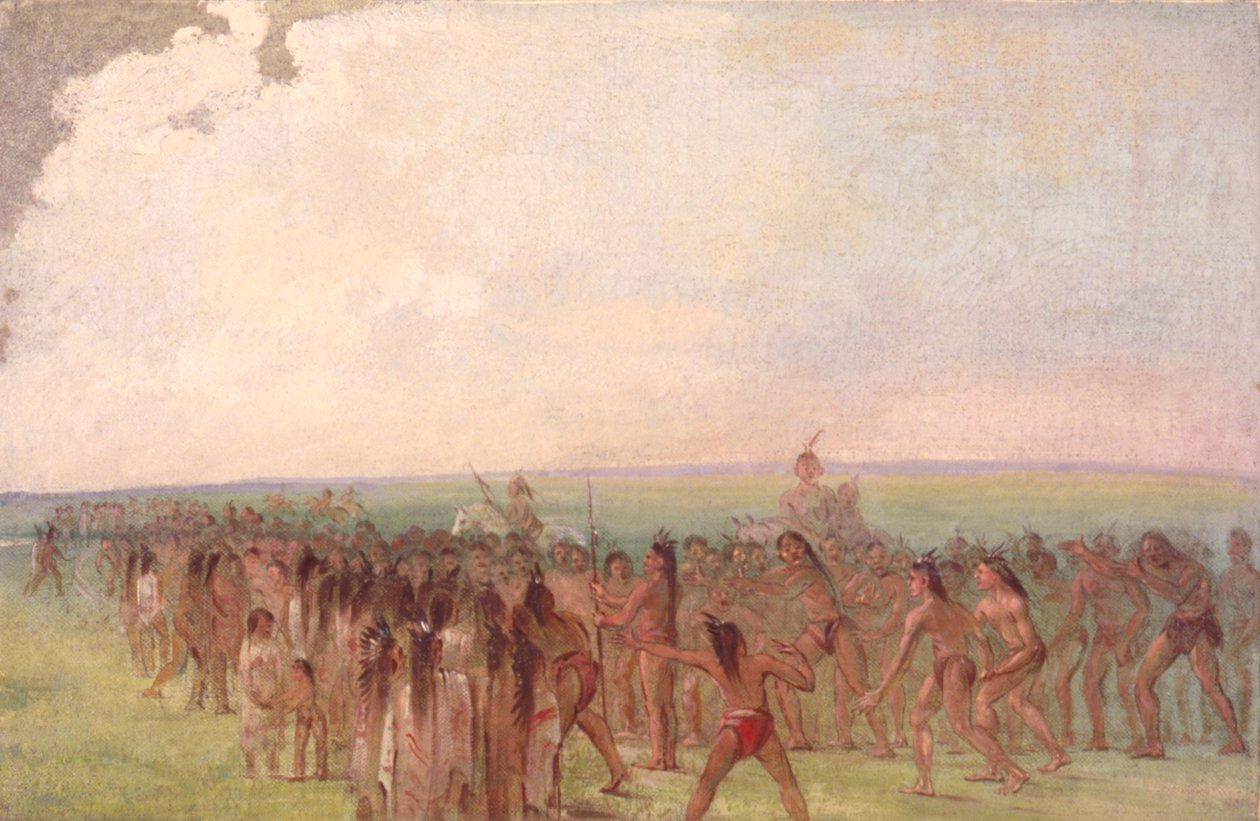 Fodløb bag Mandan-landsbyen af George Catlin