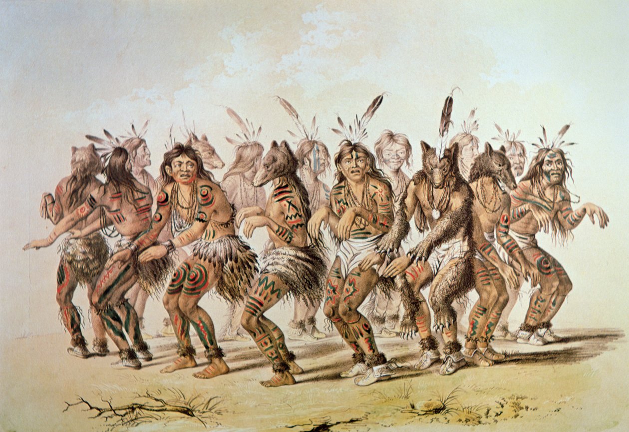 Sioux Bear Dance (farve litho) af George Catlin