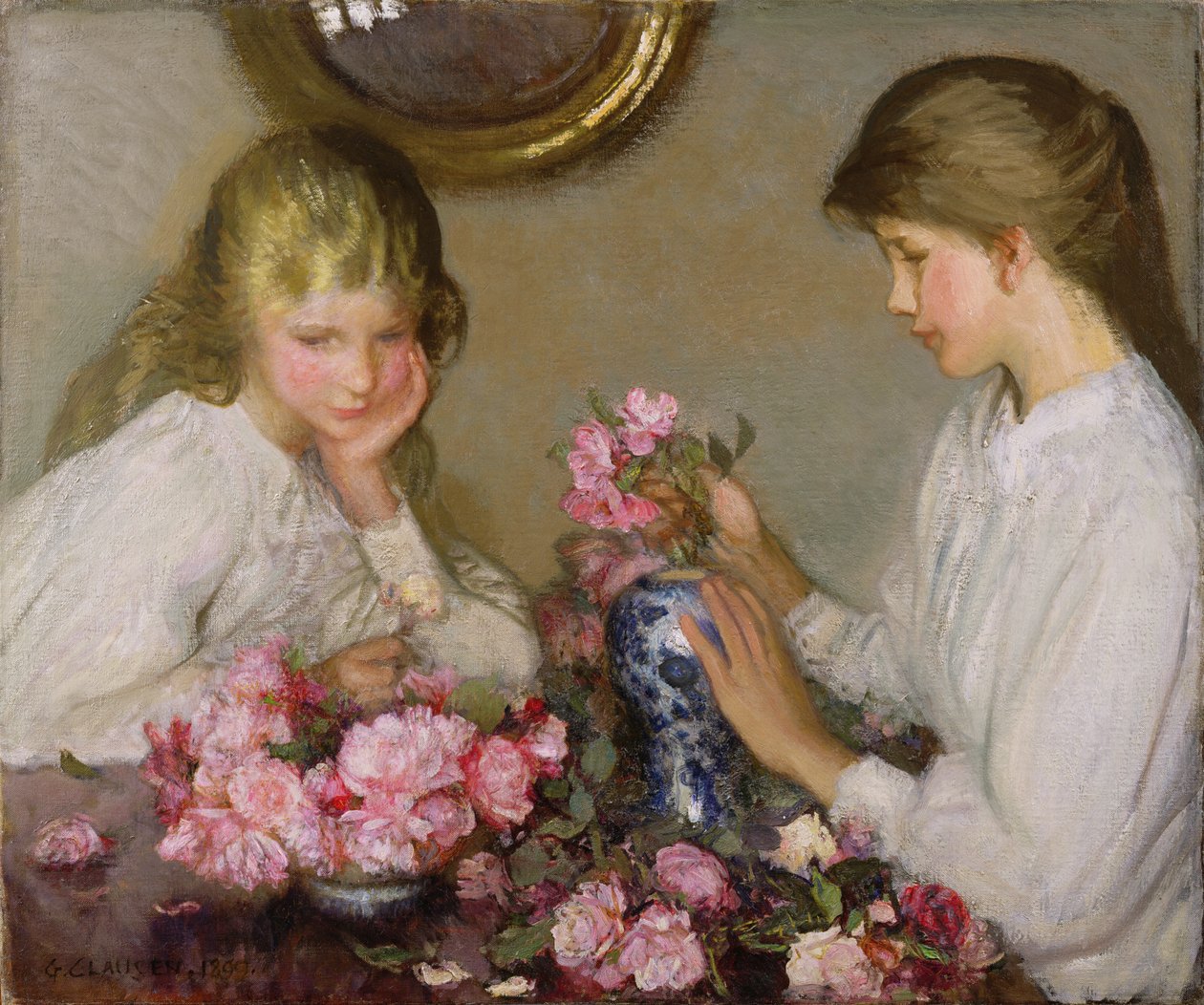 To piger arrangerer poser af George Clausen