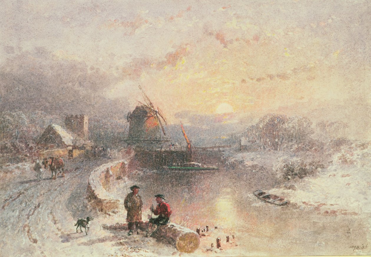 Vinterlandskab: Solnedgang, 1800-tallet af George Haydock Dodgson
