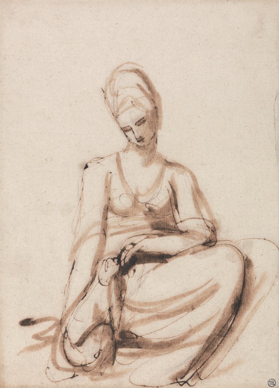 Siddende kvinde fodrer et dyr af George Romney