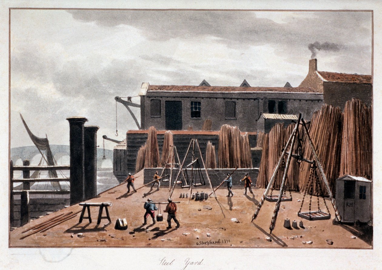 Udsigt over Steelyard Wharf, London, 1811 af George Shepherd