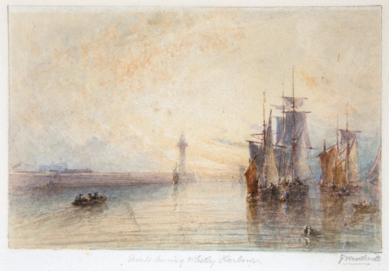 Skibe forlader Whitby Havn (akvarel) af George Weatherill