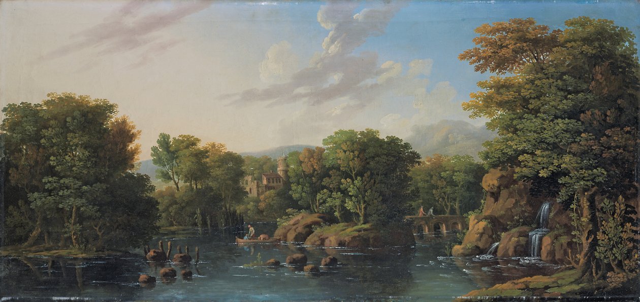 Skovklædt flodlandskab af George the Elder Barret
