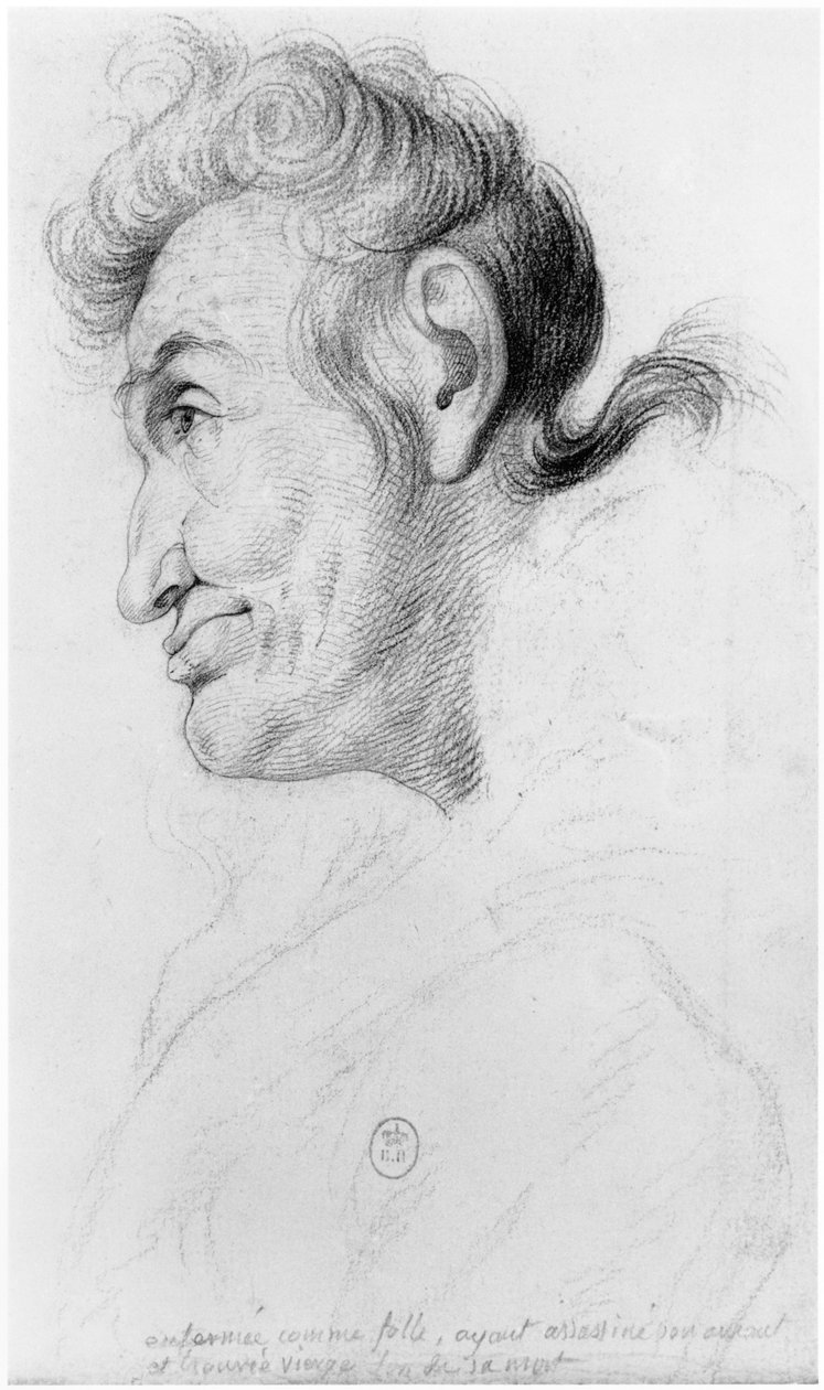 Låst inde som gal, efter at have myrdet sin elsker og fundet jomfru ved hendes død, illustration fra en upubliceret afhandling af Jean Etienne Dominique Esquirol (1772-1840) om galningerne fra Salpetriere a af Georges Francois Gabriel