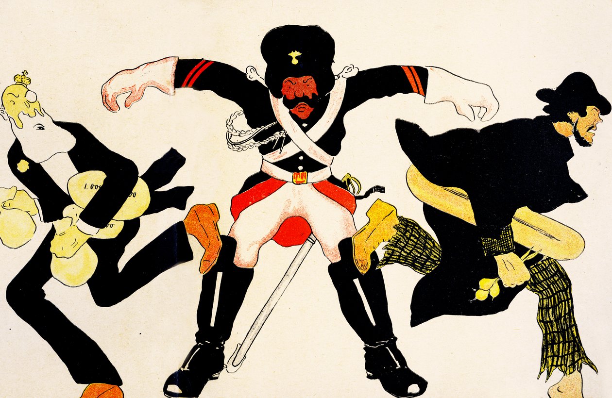 Den belgiske officer forsøger at stoppe Leopold II i at stjæle penge og en bonde i at stjæle mad, 1904. af Georges d 1878 1937 Ostoya
