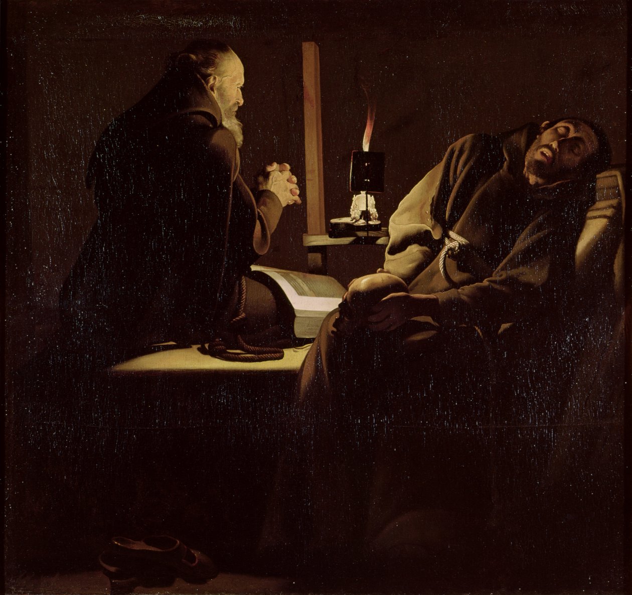 Franciskus ekstase, en munk ved bøn med en døende munk, 1640-45 af Georges de La Tour