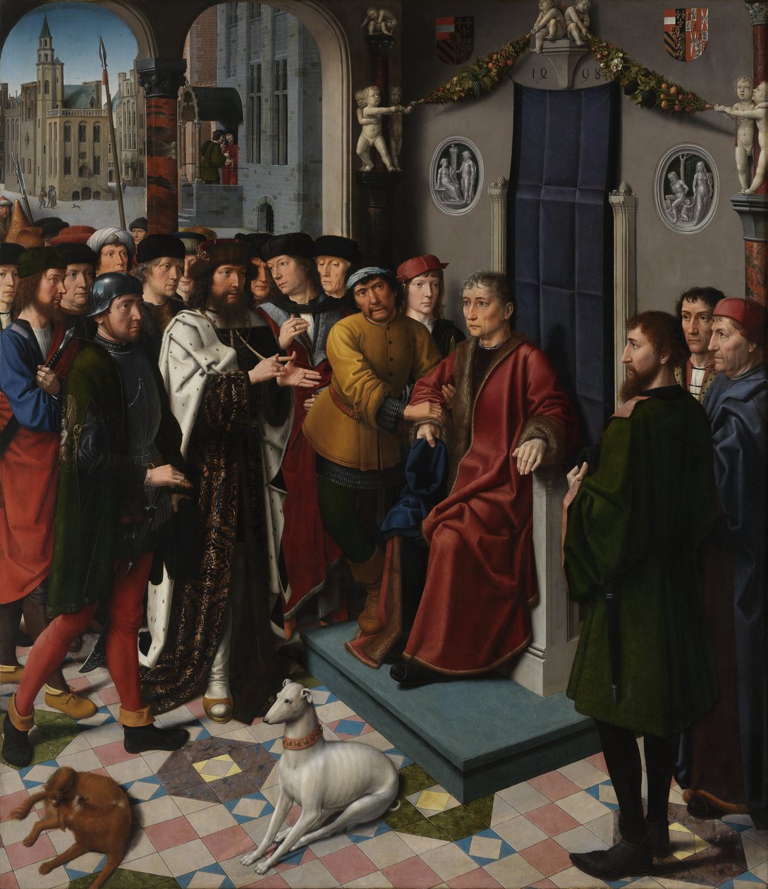 Justitsdiptyk til rådssalen på rådhuset i Brugge. Panel 1 - Tilfangetagelsen af den korrupte dommer Sisamnes af Gerard David
