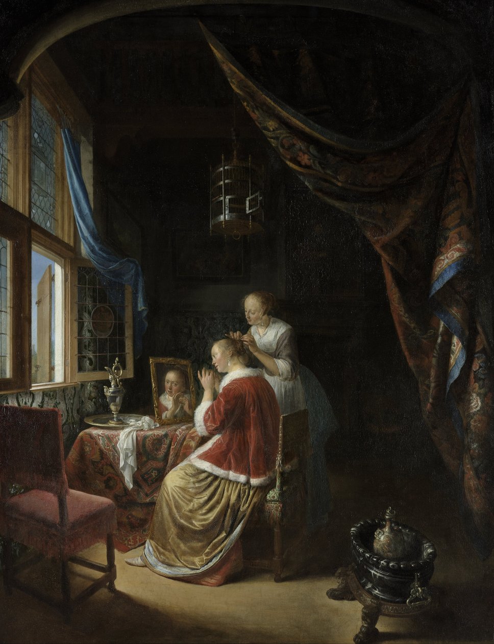En ung kvinde på sit toilet af Gerrit Dou