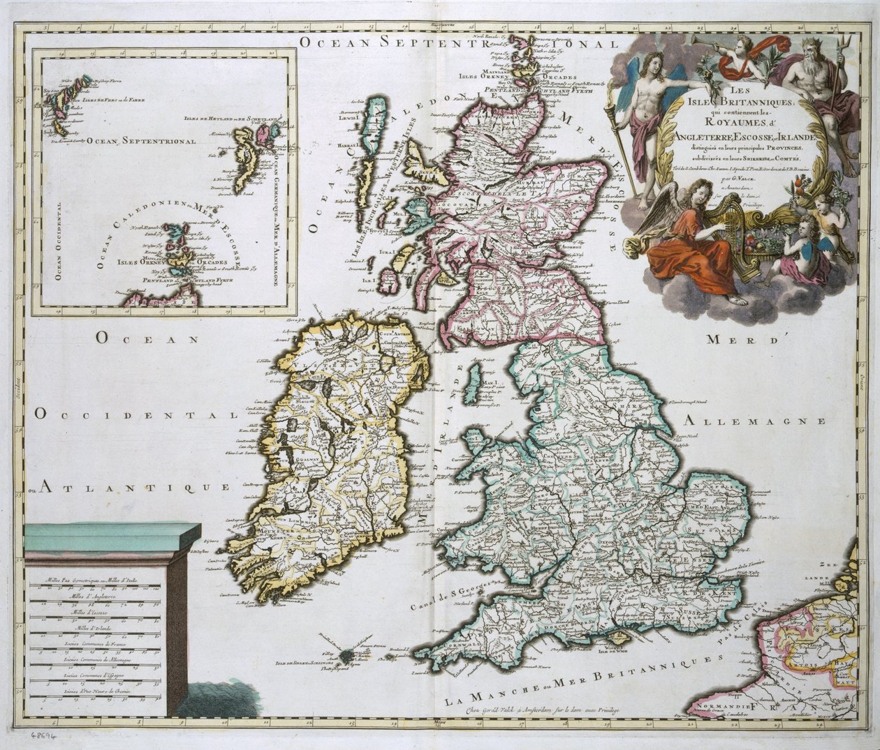 Kort over Storbritannien og Irland (farvegravering) af Gerard Valck