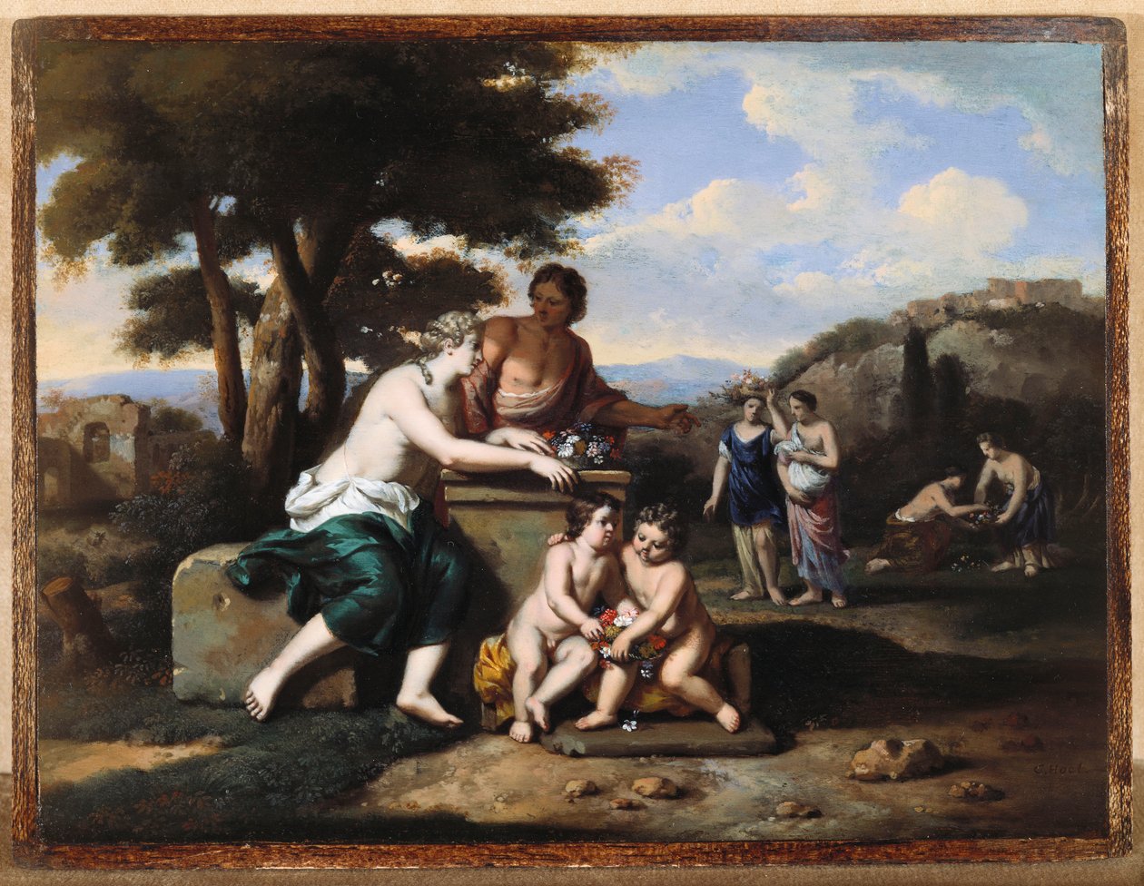 Nymfer samler blomster i et landskab af Gerard Hoet
