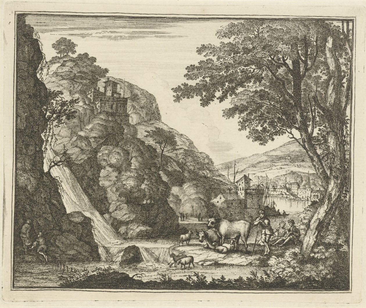 Hyrde med dyr ved et vandfald af Gerard Melder