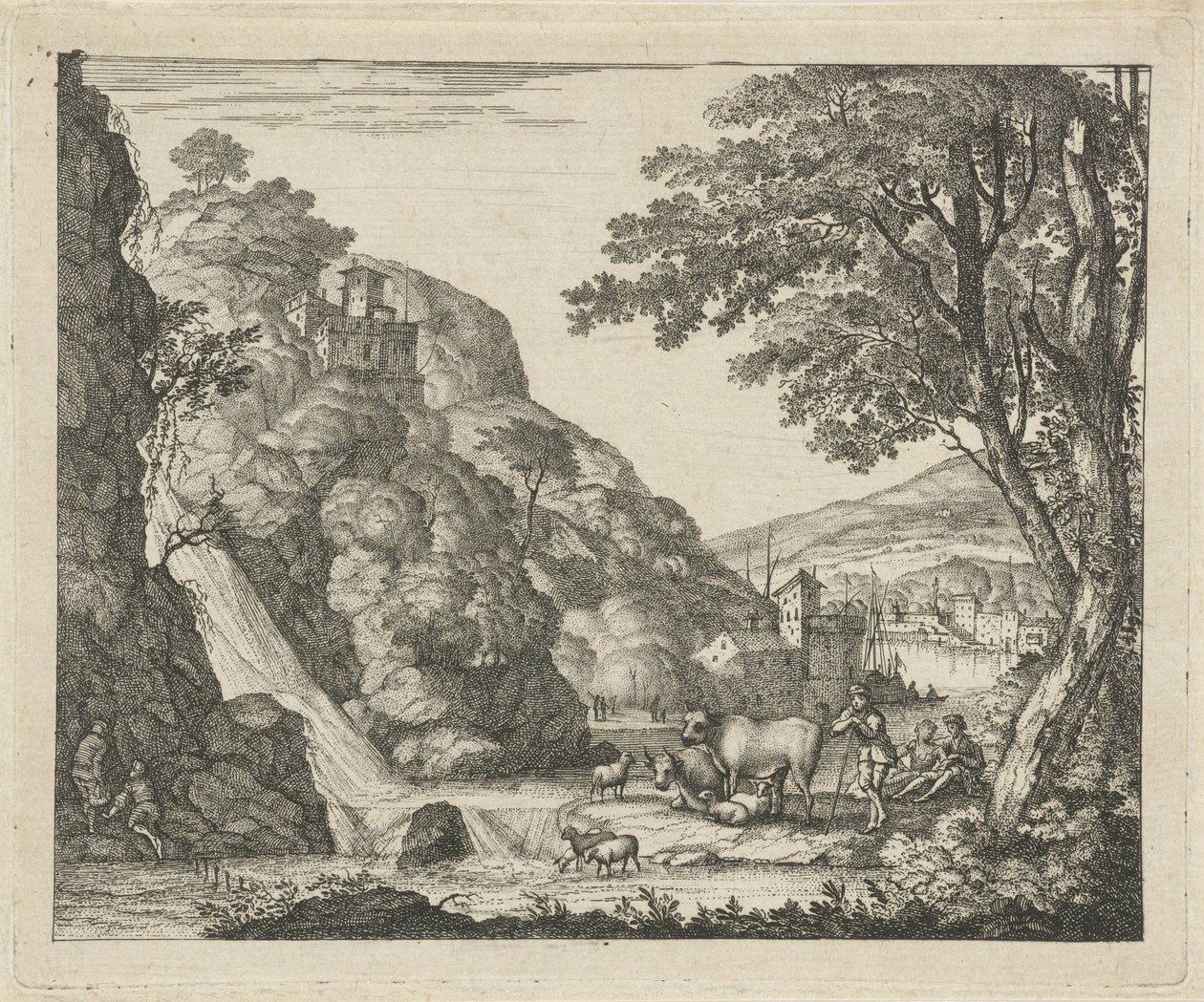 Hyrde med dyr ved et vandfald af Gerard Melder