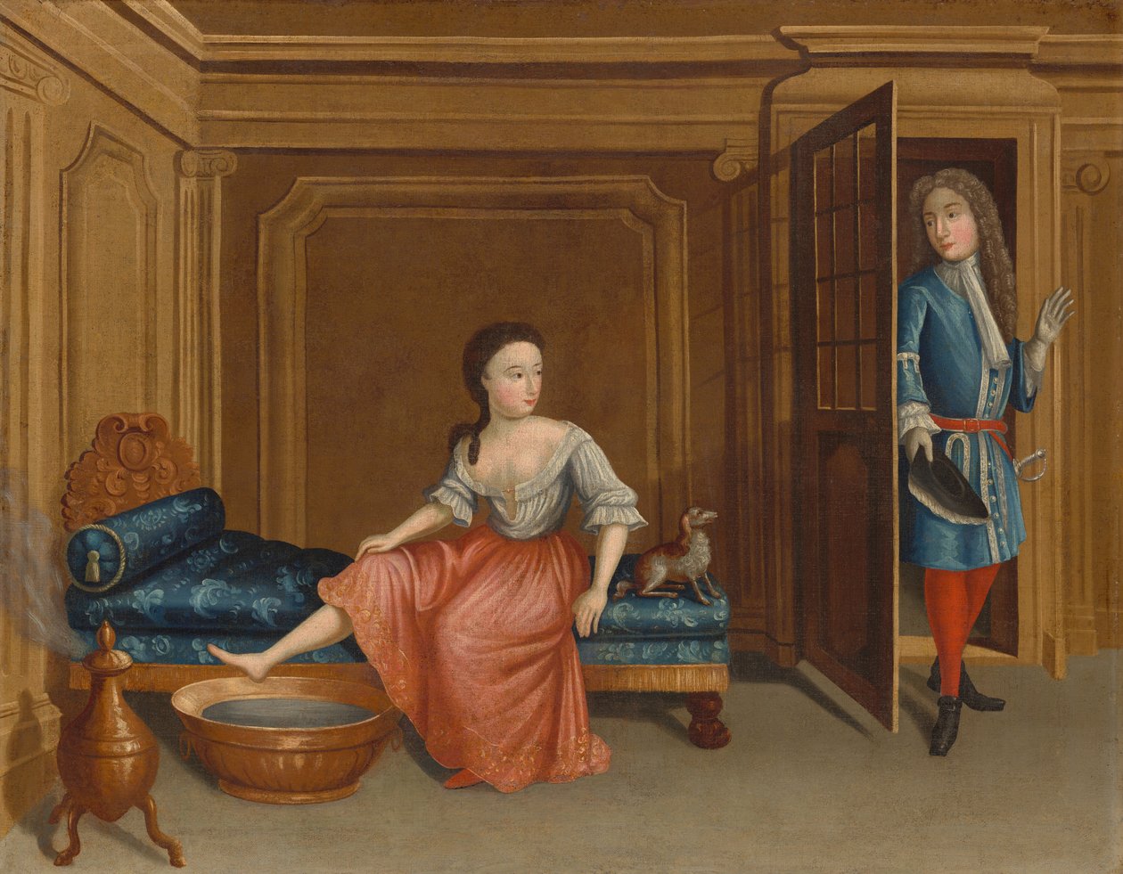 Lady klæder sig af til et bad af Gerardus Duyckinck