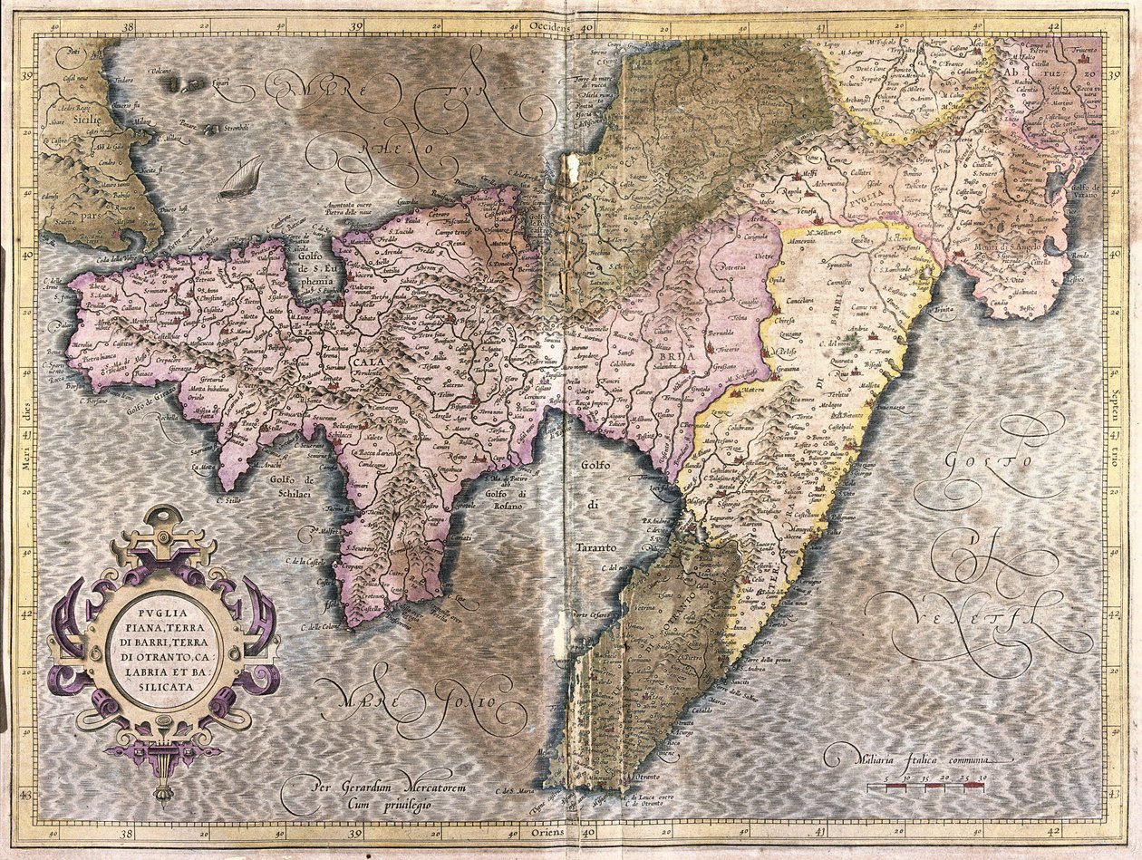 Puglia, Calabria og Basilicata, Italien (gravering af Gerardus Mercator