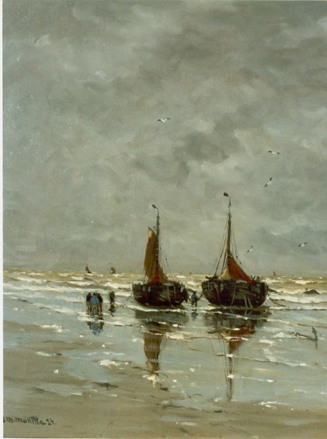 Bomber og fiskere på stranden af Gerhard Morgenstjerne Munthe