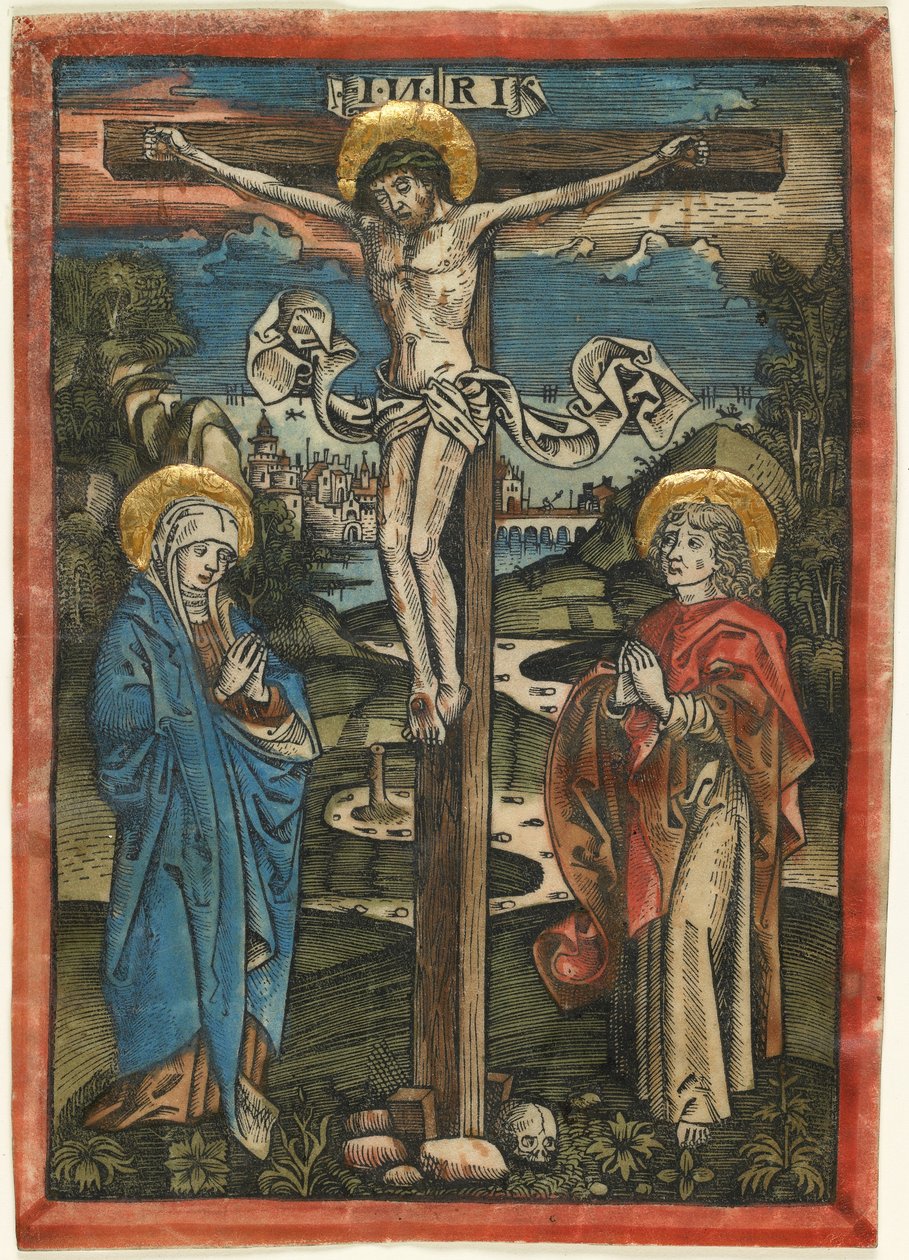 Kristus på korset med Maria og Johannes, fra Missale Defunctorum, ca. 1499 (håndfarvet træsnit på vellum) af German School