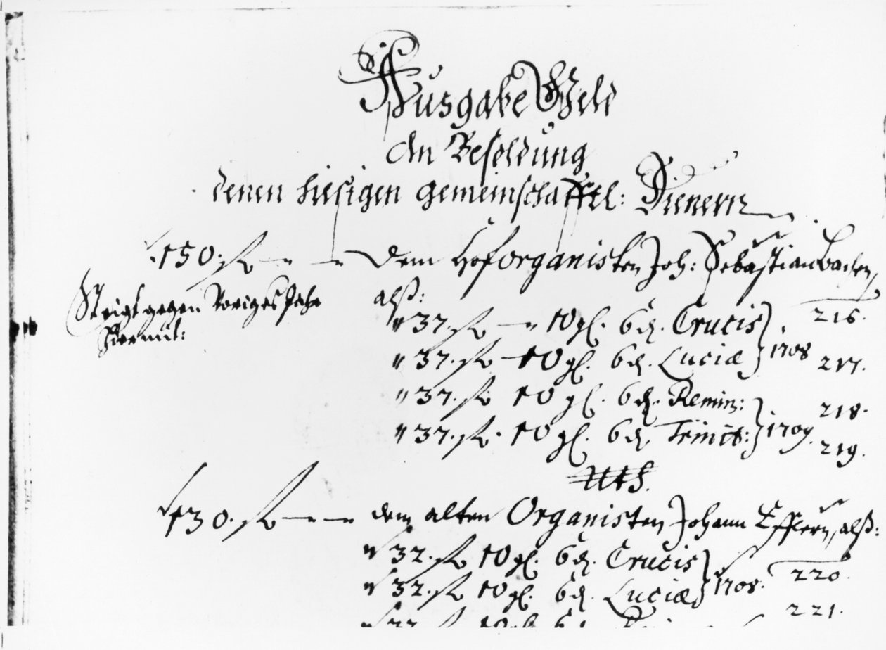 Uddrag fra J.S. Bachs lønudbetaling for 1708-09 (pen på papir) af German School