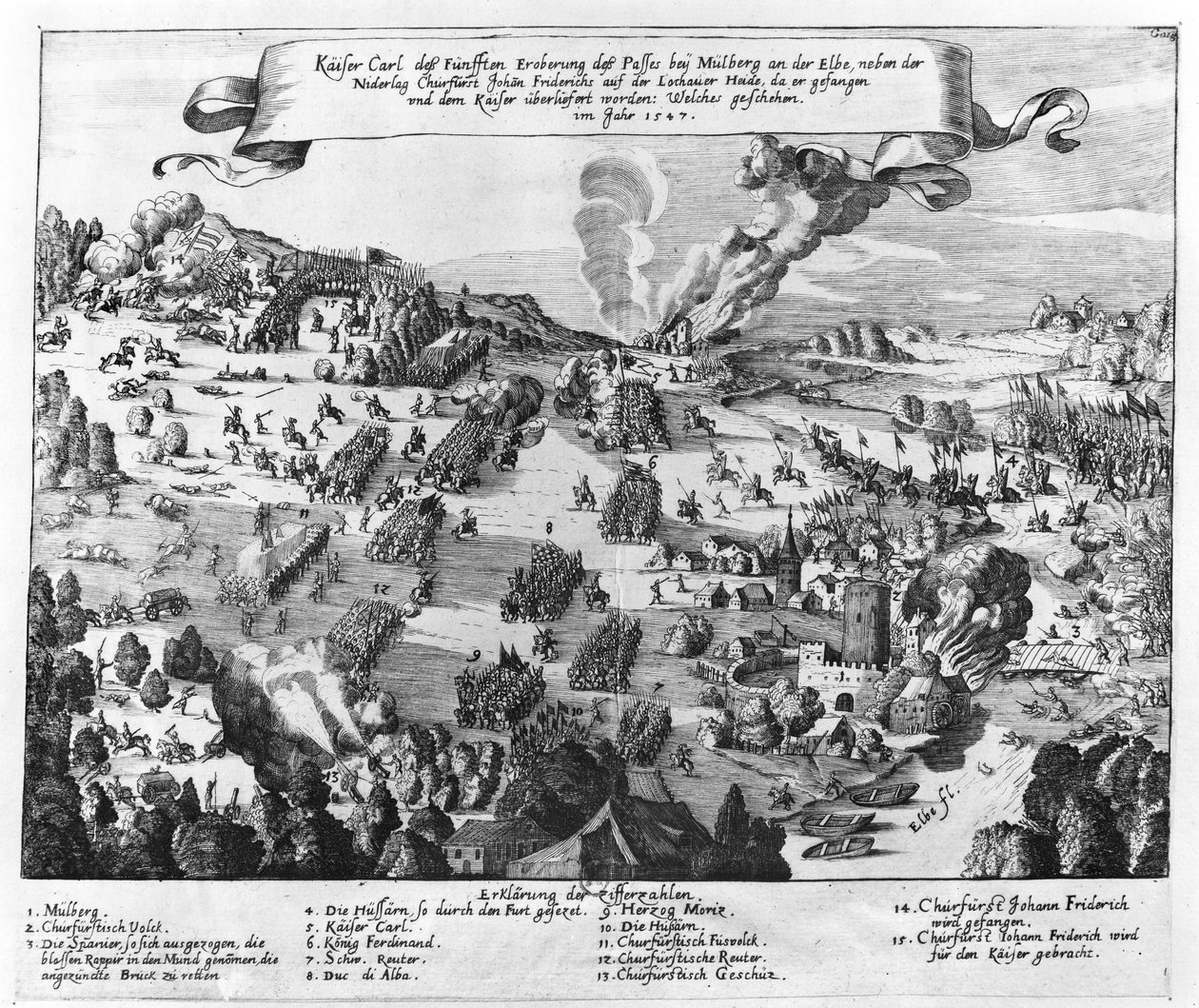 Generelt billede af slaget ved Muhlberg, 24. april 1547 af German School