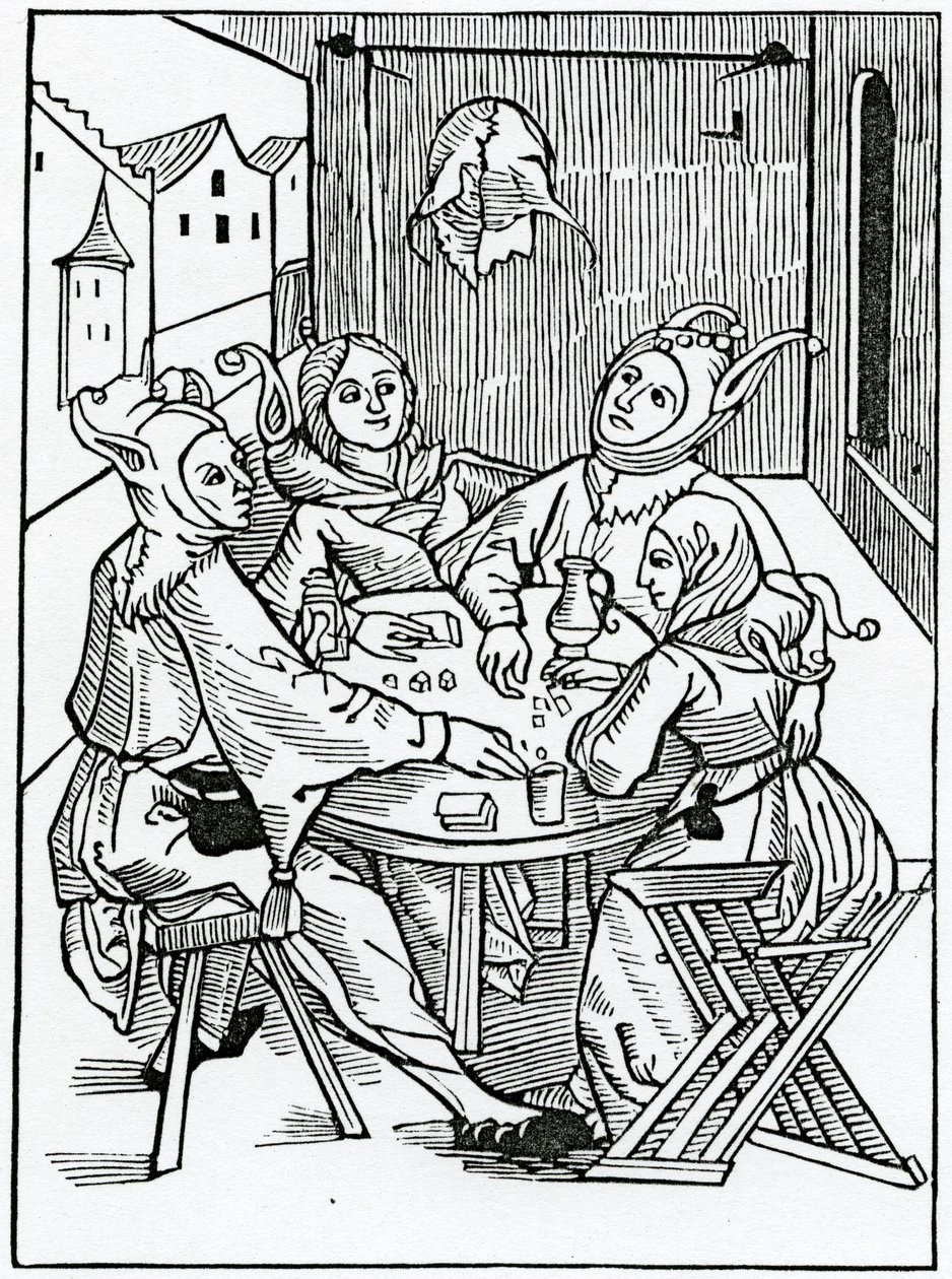 Of carde players and dysers, illustration fra Alexander Barclays engelske oversættelse af "The Ship of Fools", fra en udgave fra 1874 af German School