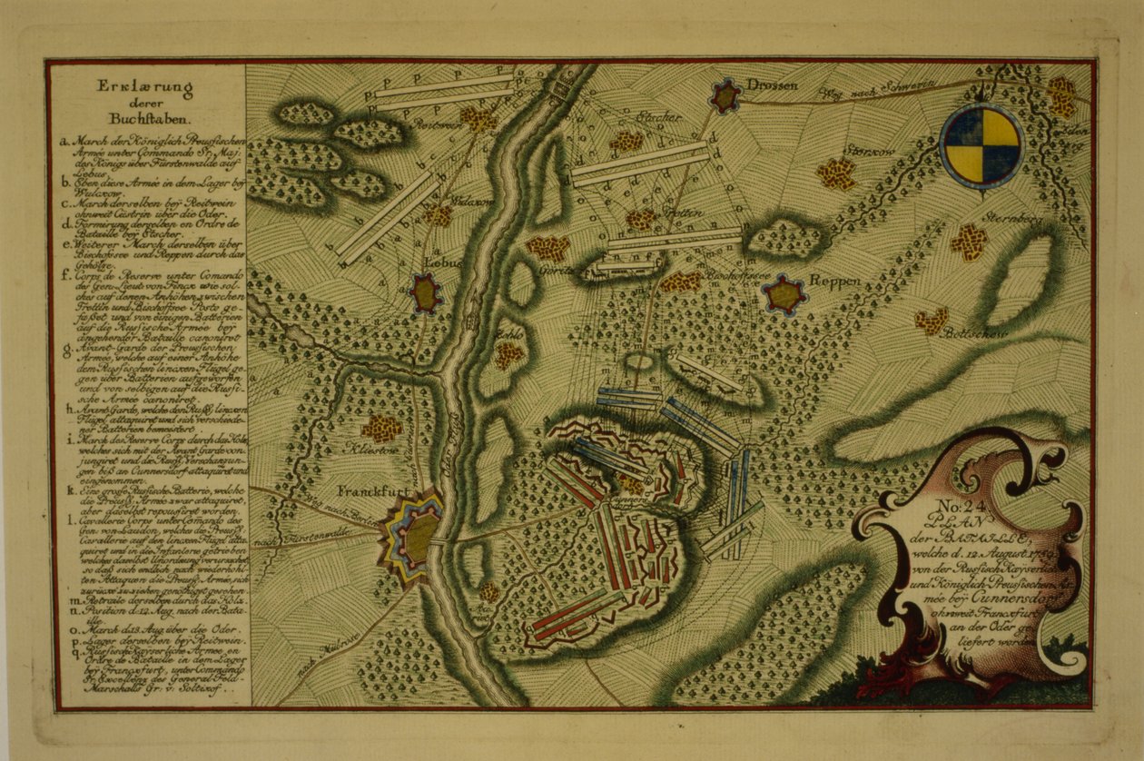 Plan for slaget ved Kunersdorf, 12. august 1759, 1759 (pen og blæk på papir) af German School
