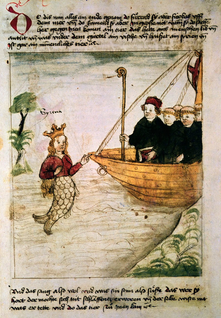 St Brendan og en sirene, fra den tyske oversættelse af The voyage of the Abbed of St Brendan, c.1476 af German School