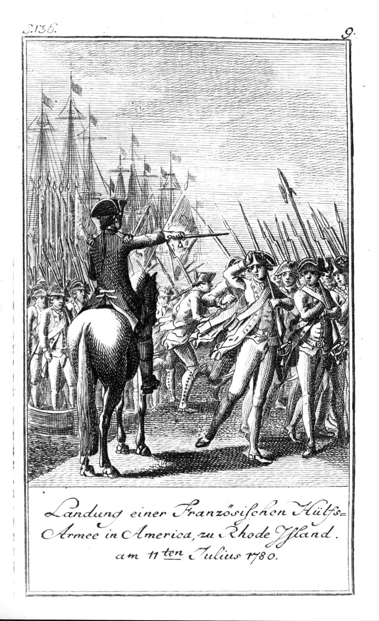 Landgang af en fransk hjælpehær ved Rhode Island i Amerika, 11. juli 1780 af German School