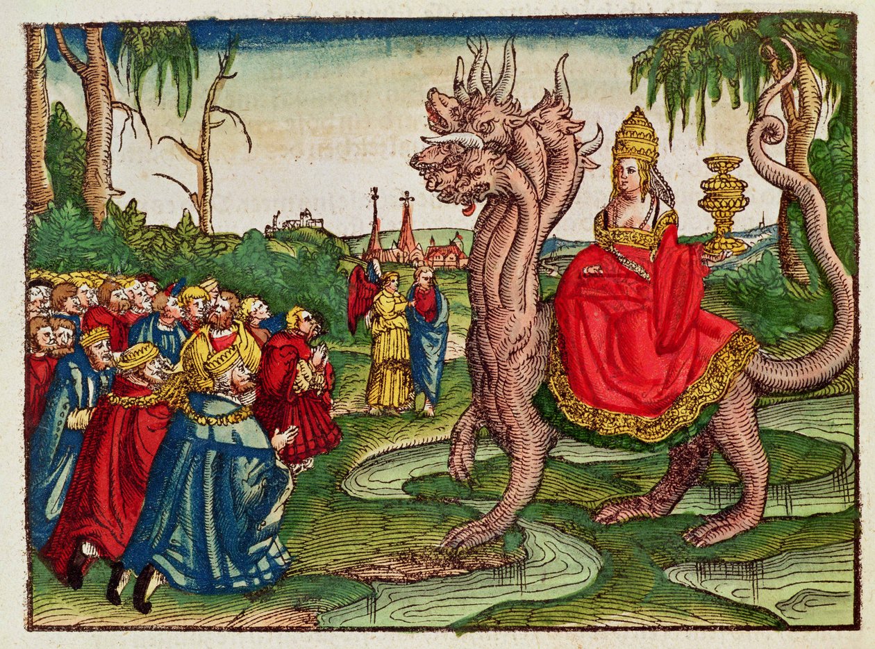 The Whore of Babylon, fra Luther Bible, ca. 1530 (farvet træsnit) af German School