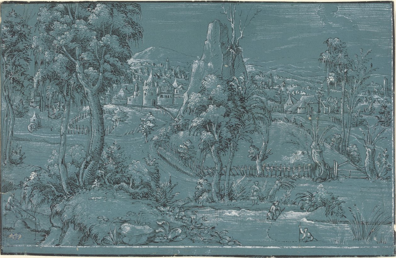 Landskab med mænd, der fisker af German 16th Century