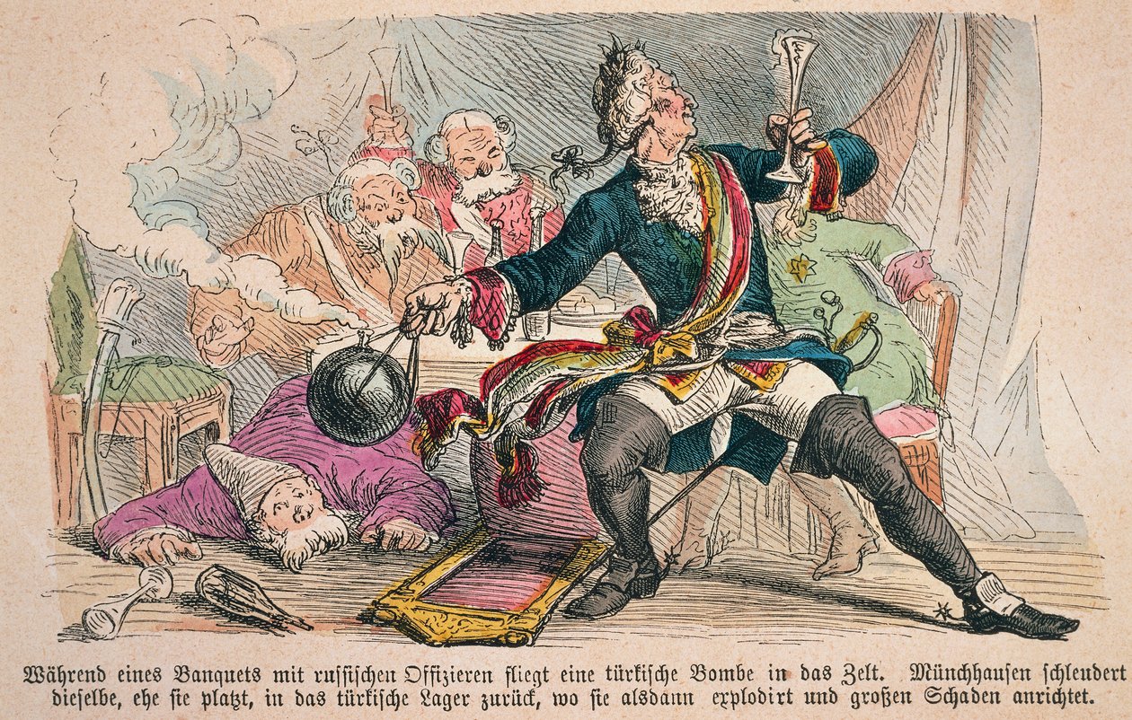 Baron Munchausen (farve litho) af German School